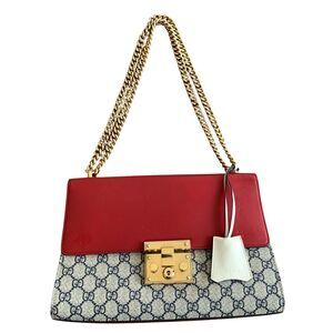 Gucci GG Supreme Canvas And Red Leather Padlock Large Bag 2 Way With COA